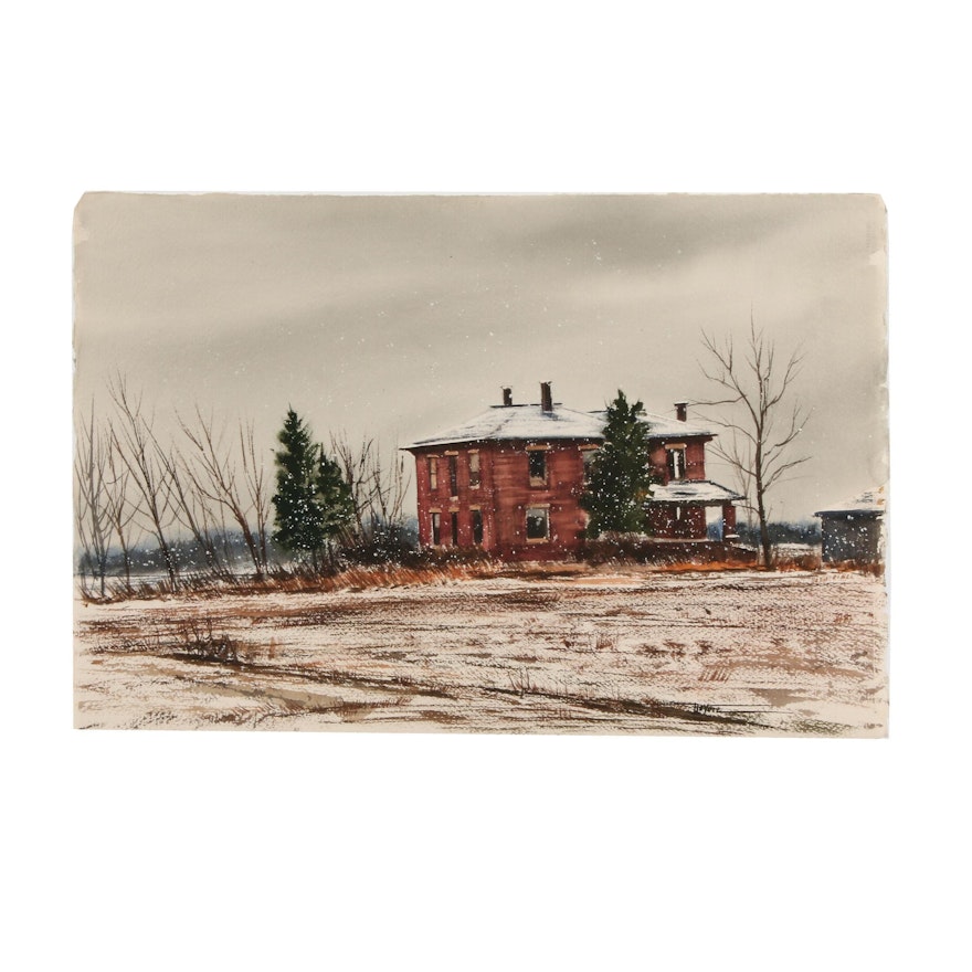 James DeVore Winter Farm House Watercolor Painting