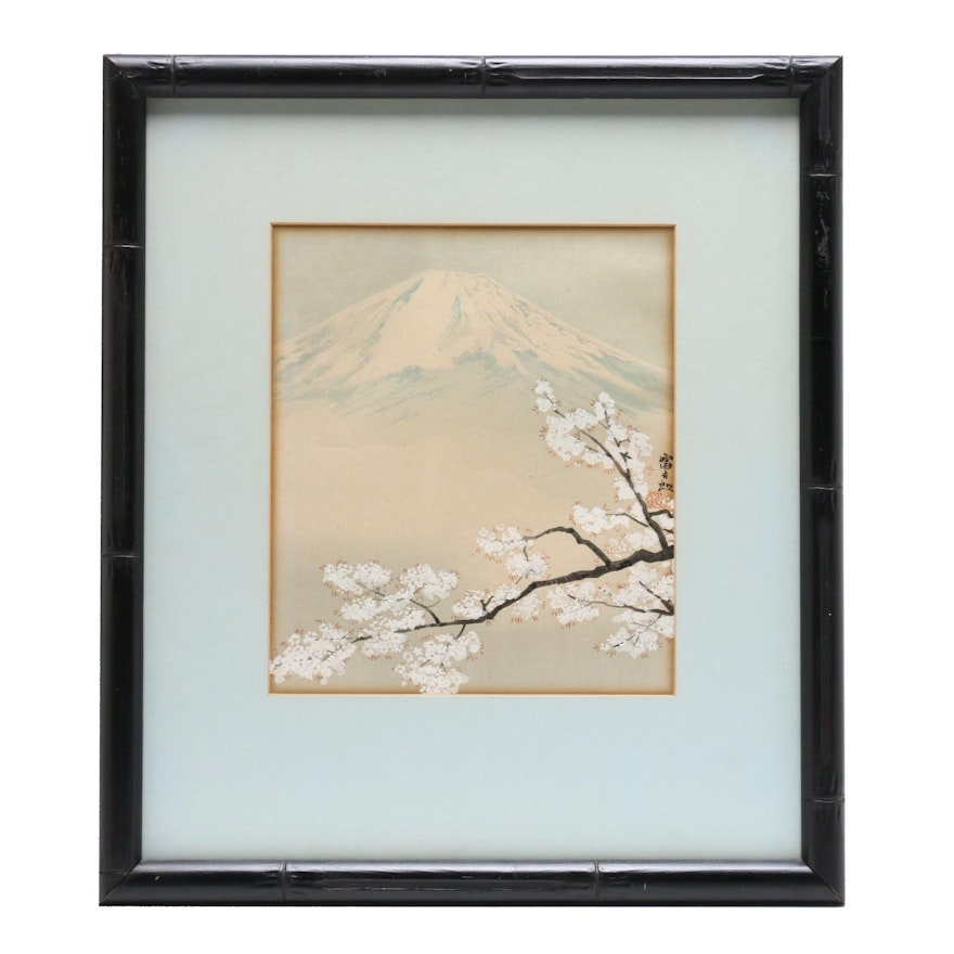 Japanese Woodblock of Mt. Fuji and Blossoms