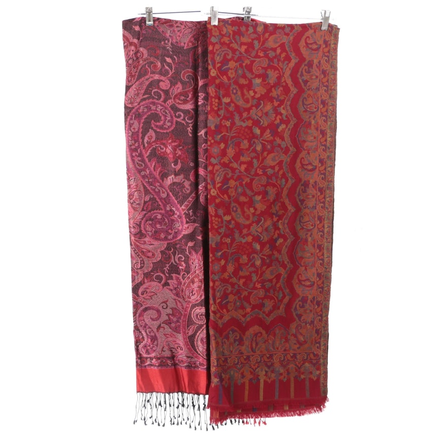 Indian Handwoven Floral and Paisley Jamawar Shawls in Silk Blend and Cotton