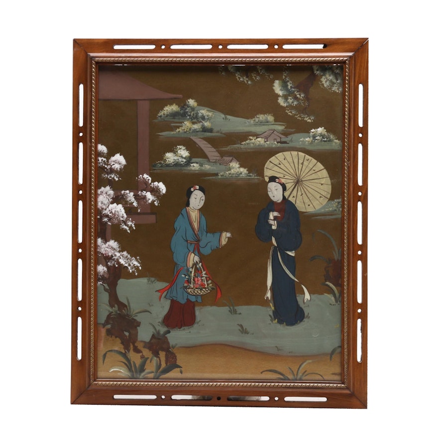 East Asian Gouache Painting of Figures in Garden