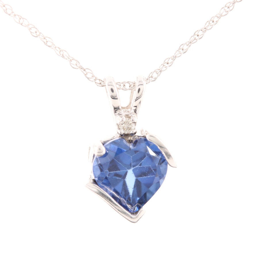 10K White Gold Synthetic Sapphire and Diamond Heart Pendant Necklace