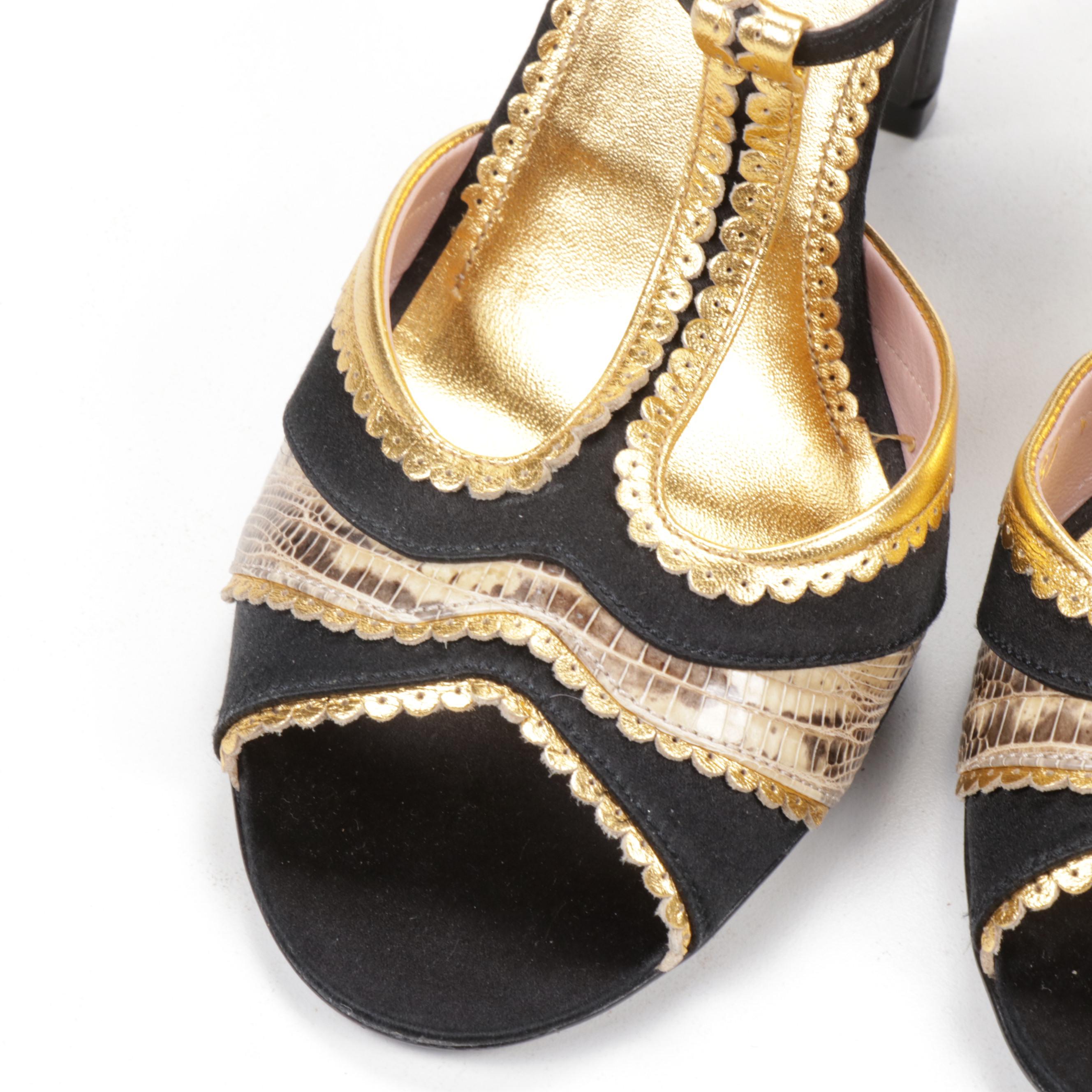 Prada Leather, Reptile, and Satin T-Strap Heeled Sandals, Made in Italy