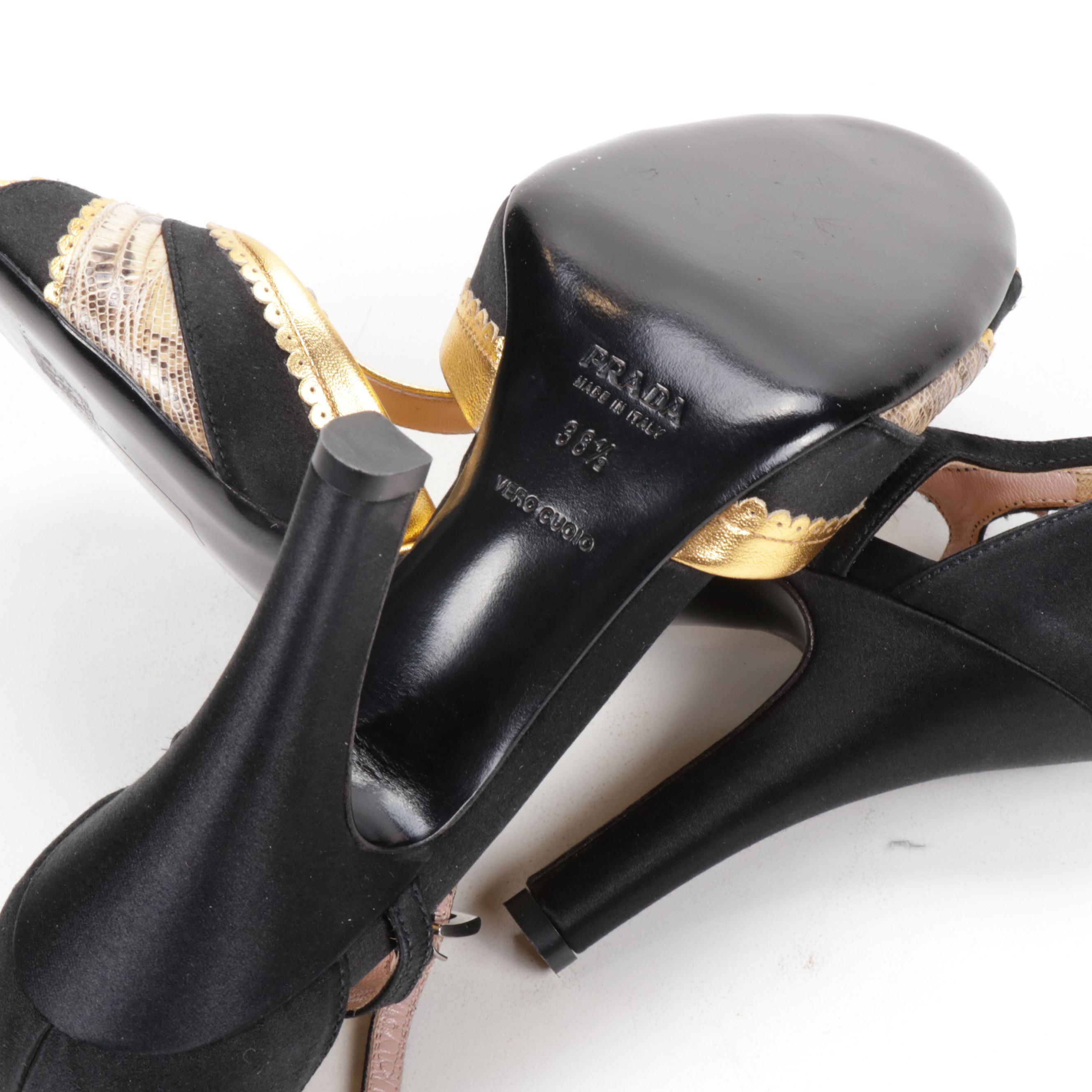 Prada Leather, Reptile, and Satin T-Strap Heeled Sandals, Made in Italy