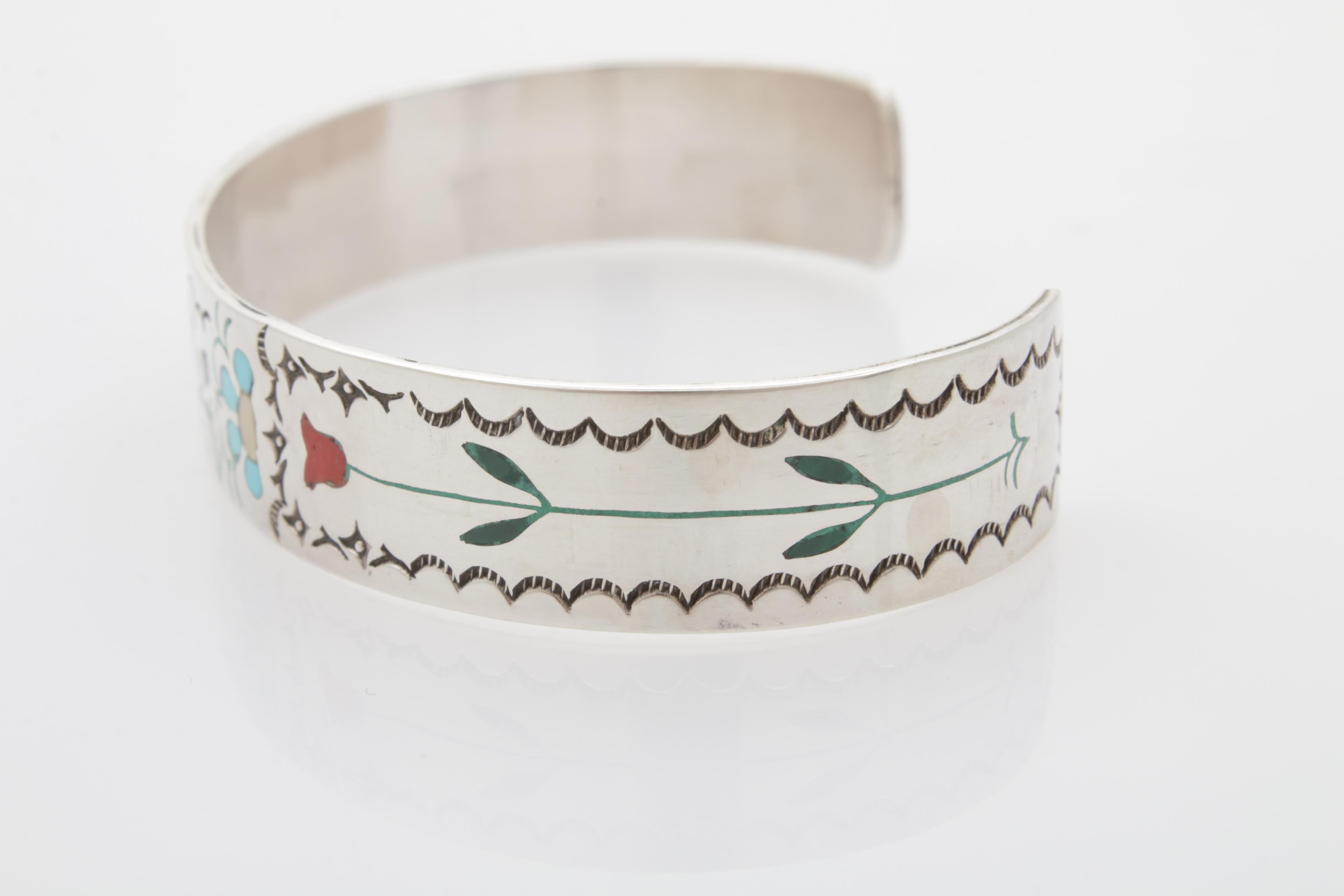 Sammy and Esther Guardian Zuni Sterling Silver and Gemstone Inlay Cuff Bracelet