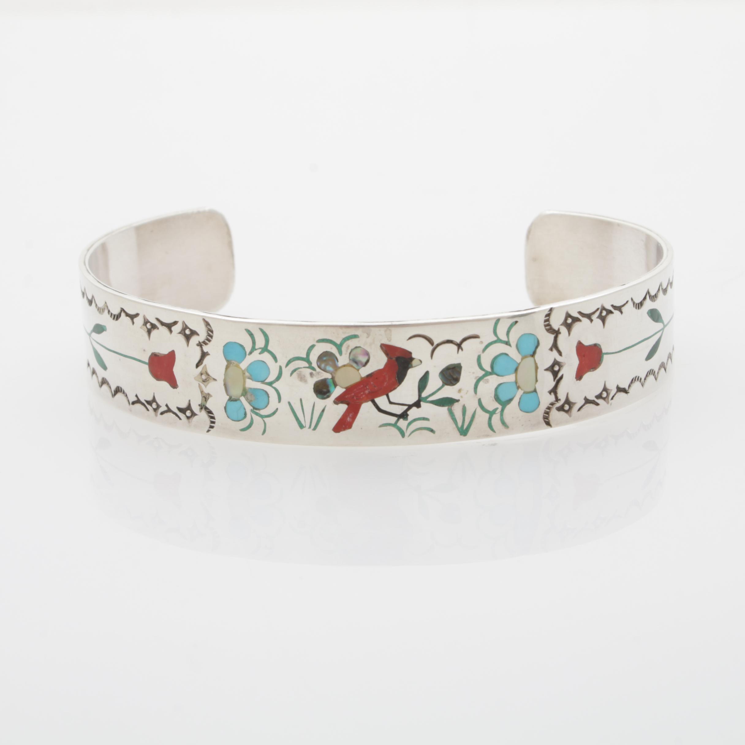 Sammy and Esther Guardian Zuni Sterling Silver and Gemstone Inlay Cuff Bracelet