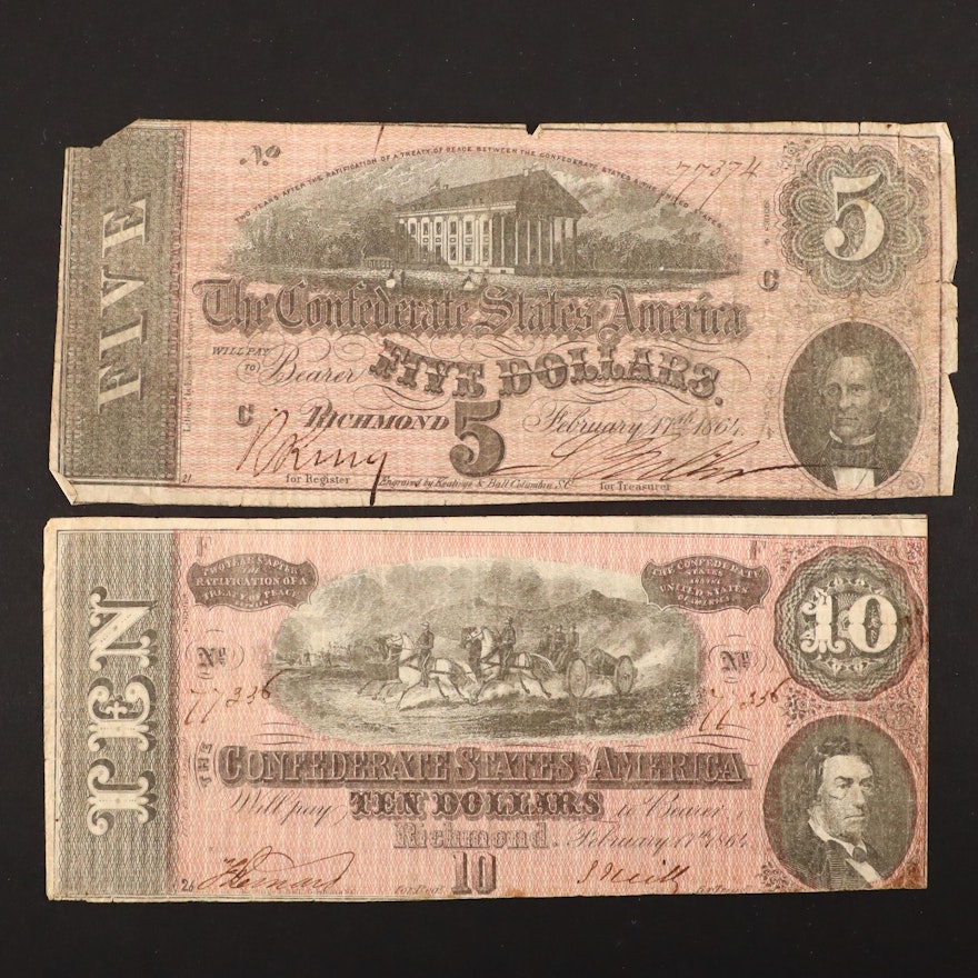 $5 and $10 Confederate States of America Obsolete Banknotes From 1864