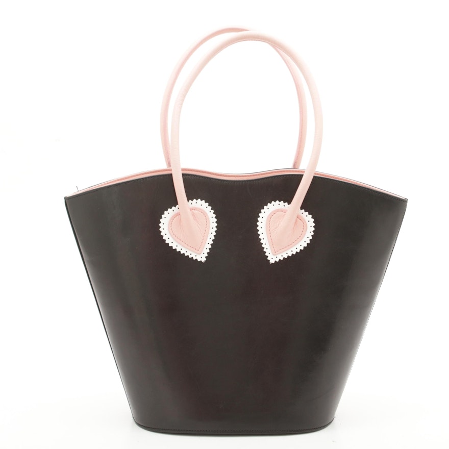 Escada Black Leather Tote Trimmed in Pink with Perforated and Scalloped Trim