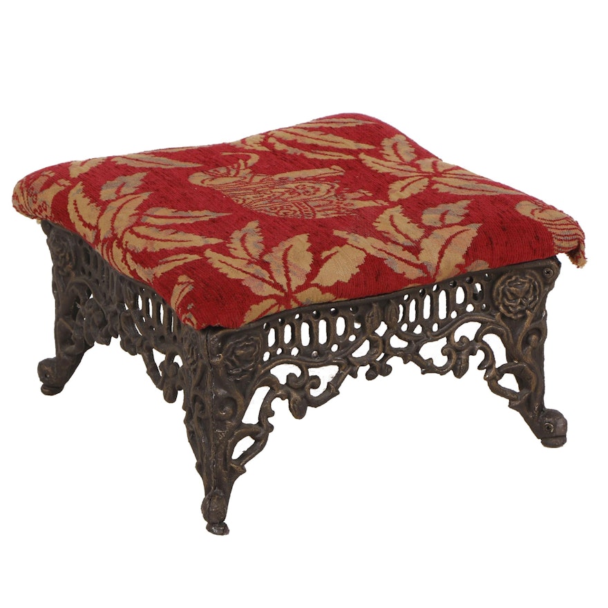 Cast Metal Footstool with Elephant Motif Upholstery