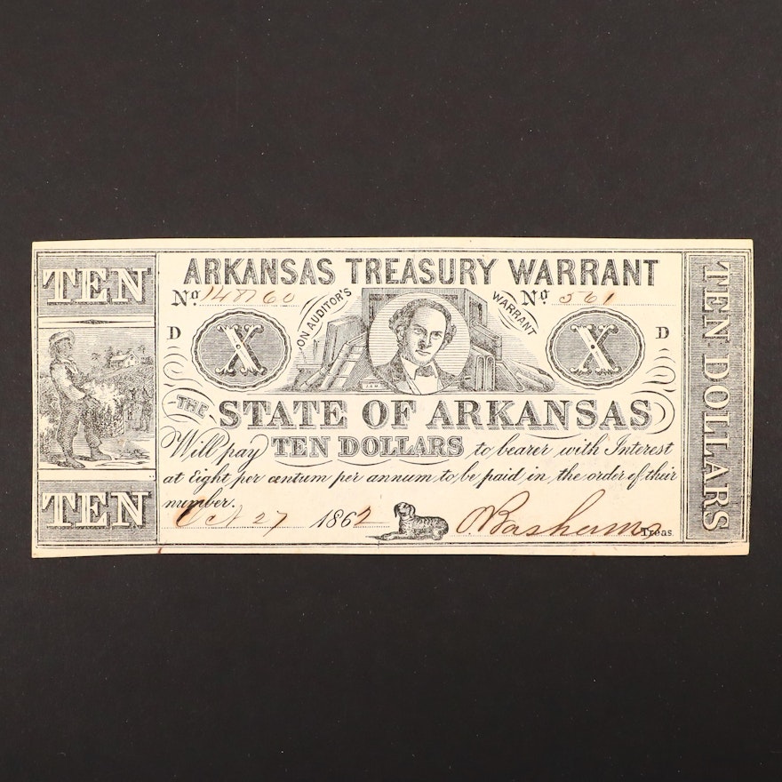 An 1862 Arkansas Treasury Warrant $10 Obsolete Banknote