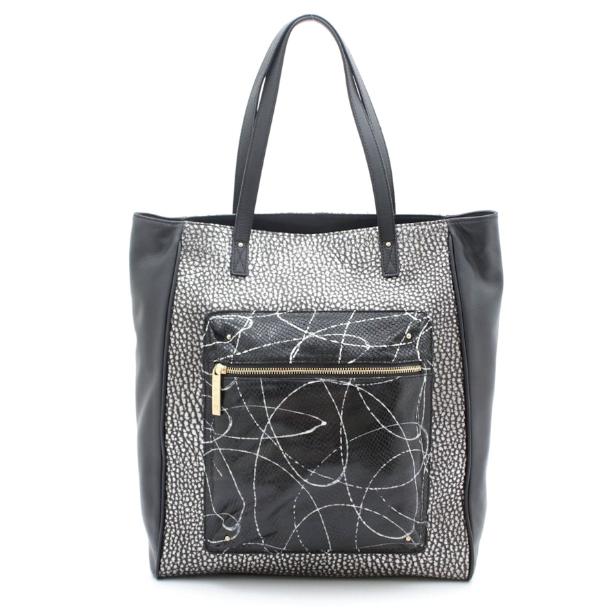 L.A.M.B. Black and Silver Leather Tote with Snakeskin Print and Pebbled Leather