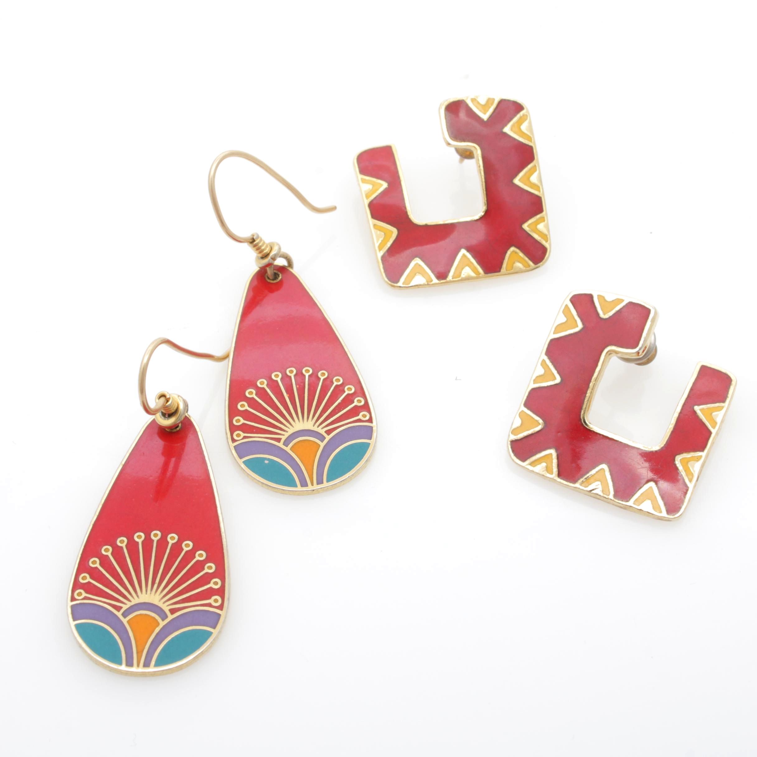 Vintage Laurel Burch "Galeza" and "Kirin" Enameled Earrings
