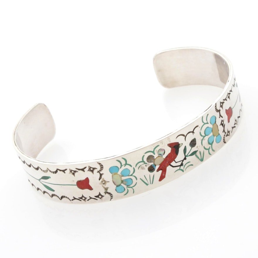 Sammy and Esther Guardian Zuni Sterling Silver and Gemstone Inlay Cuff Bracelet
