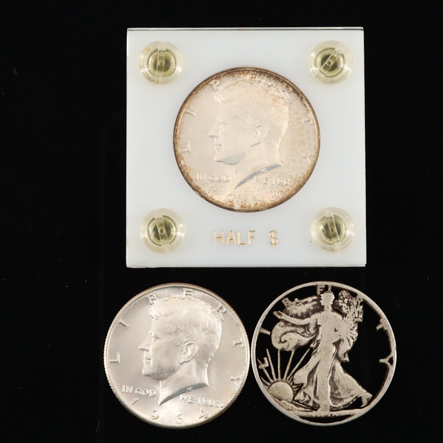 Walking Liberty Silver Half Dollar and Two Kennedy Silver Half Dollars