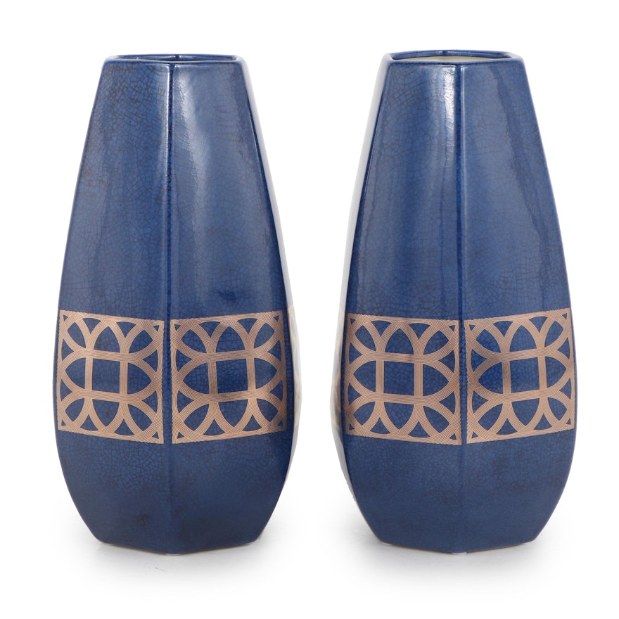 Port 68 Pair of Blue and Gold Toned Floor Vases