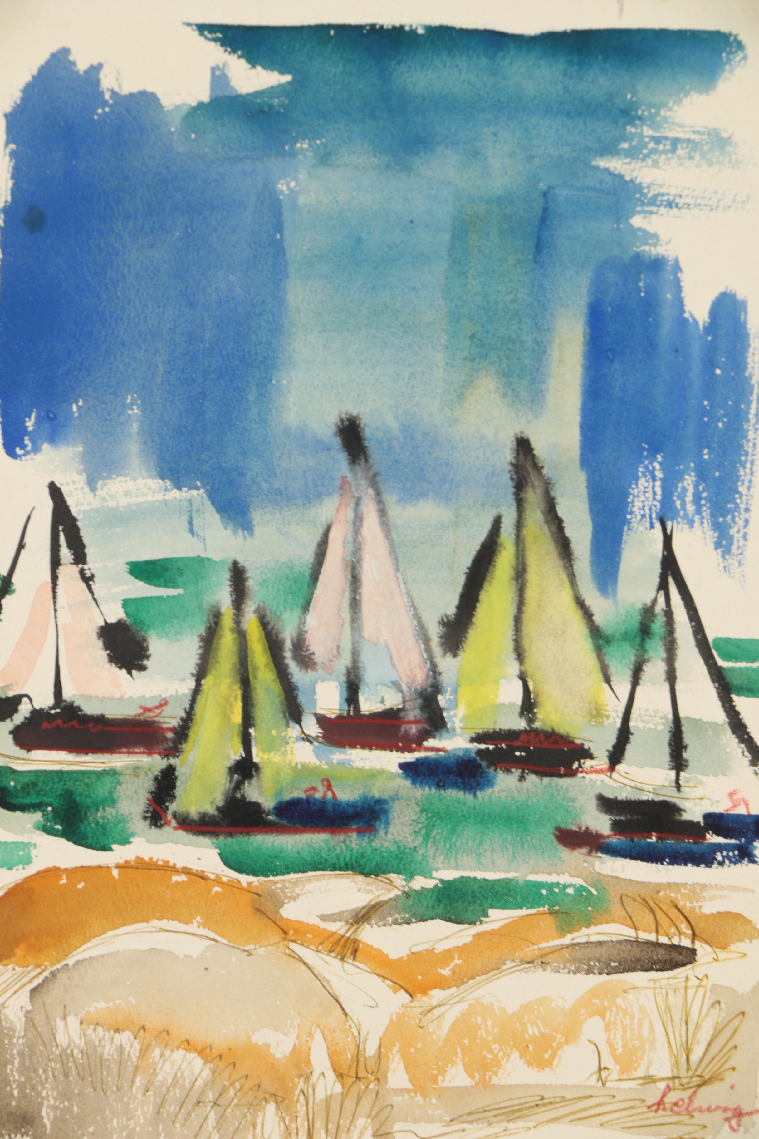 Arthur Helwig Watercolor Painting of Abstract Nautical Scene