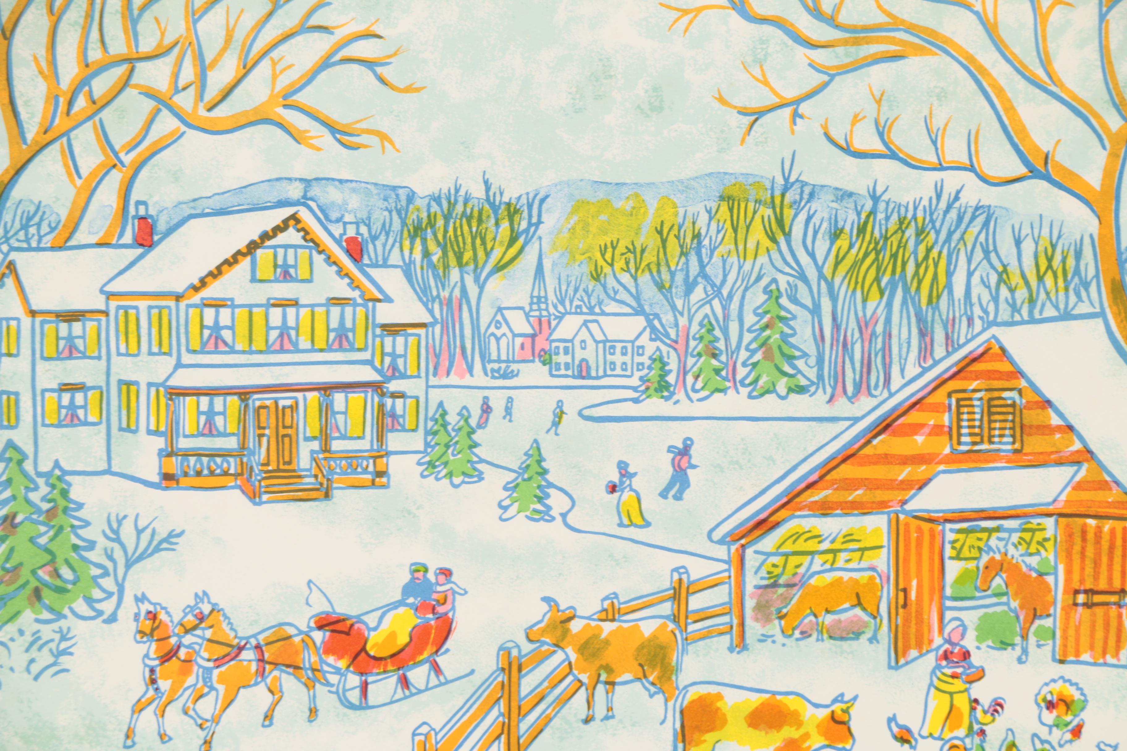 Frank Van Doren Color Lithograph of a Winter Farm