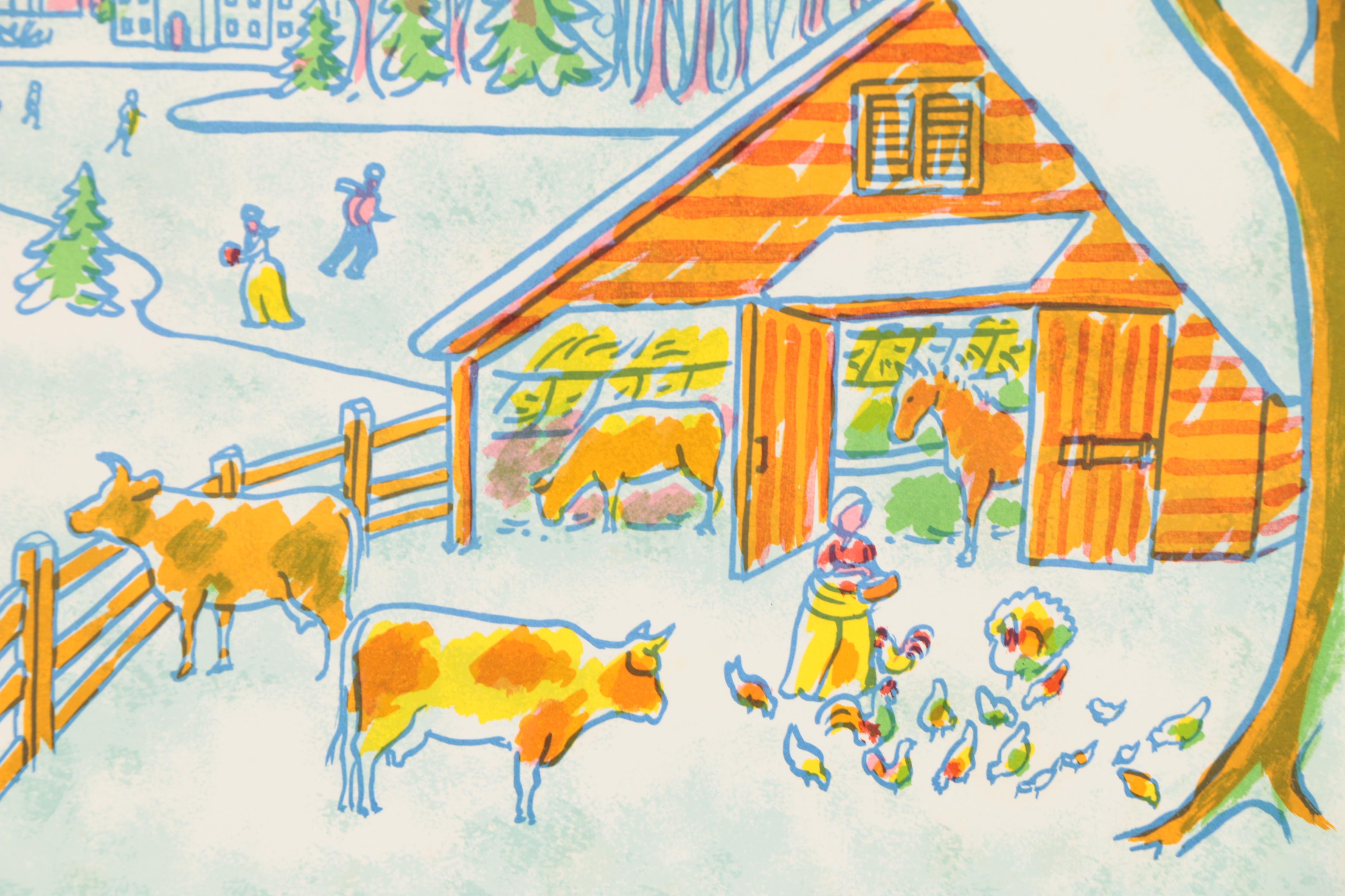 Frank Van Doren Color Lithograph of a Winter Farm