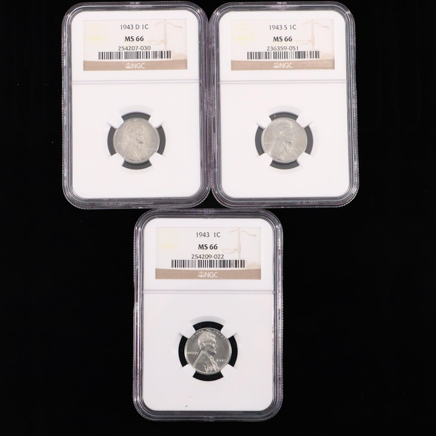 Three NGC Graded MS66 1943 Lincoln Wheat Steel Cents