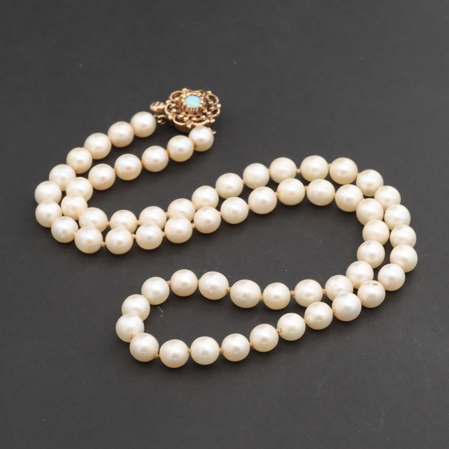 14K Yellow Gold Cultured Pearl and Opal Strand Necklace