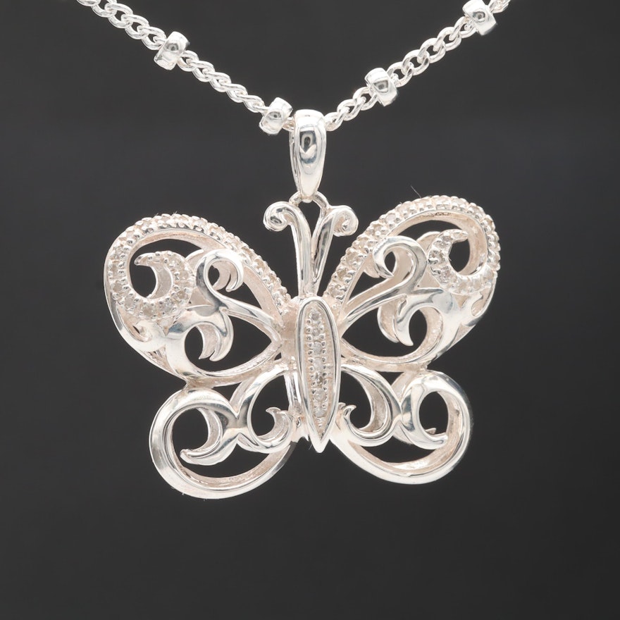 Sterling Silver Diamond Butterfly Pendant Necklace