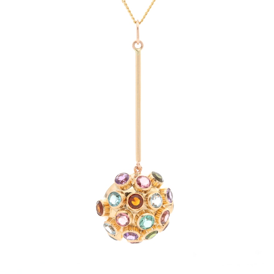 18K Yellow Gold Gemstone Sputnik Style Pendant with 10K Yellow Gold Chain