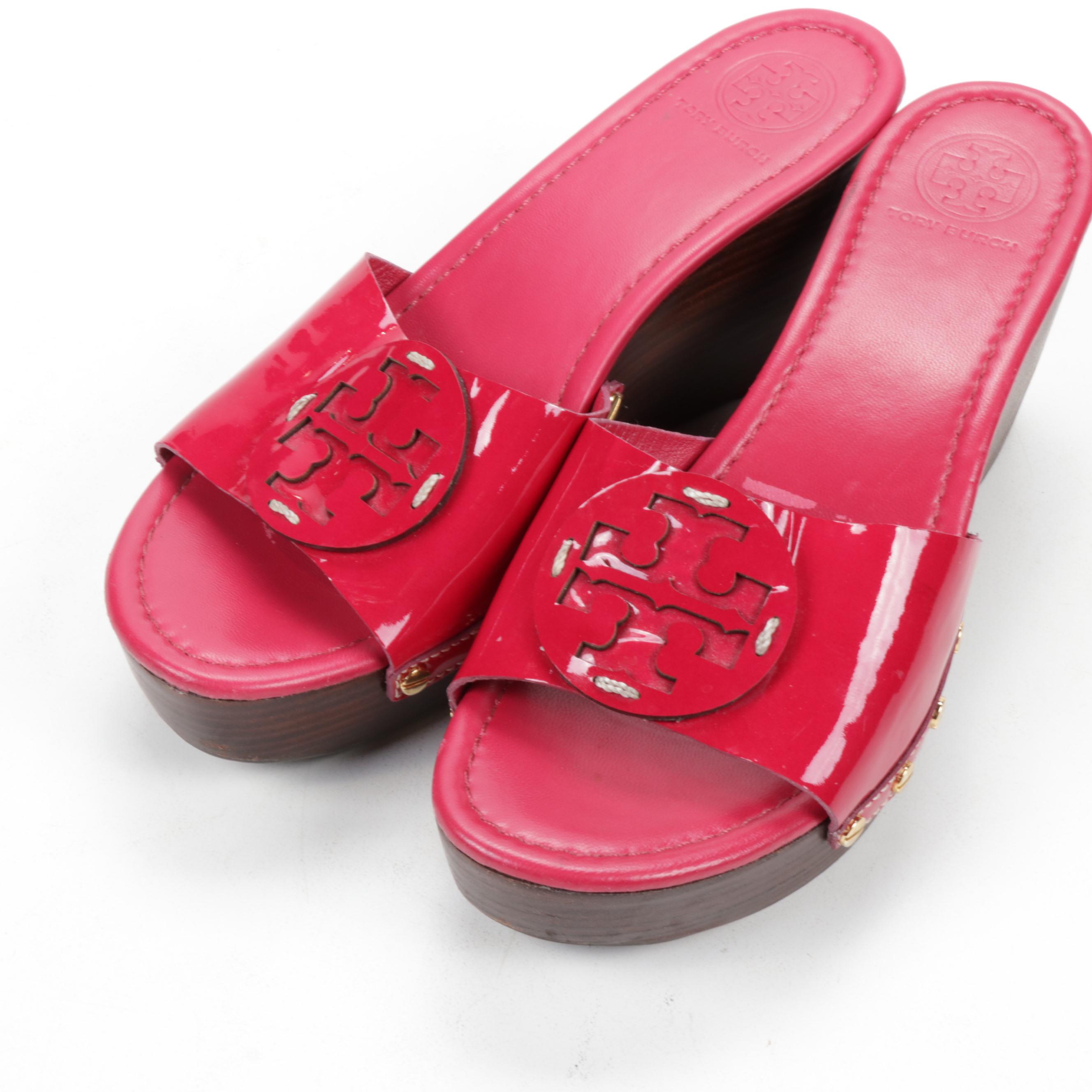 Tory Burch Magenta Patent Leather Wedge Sandals