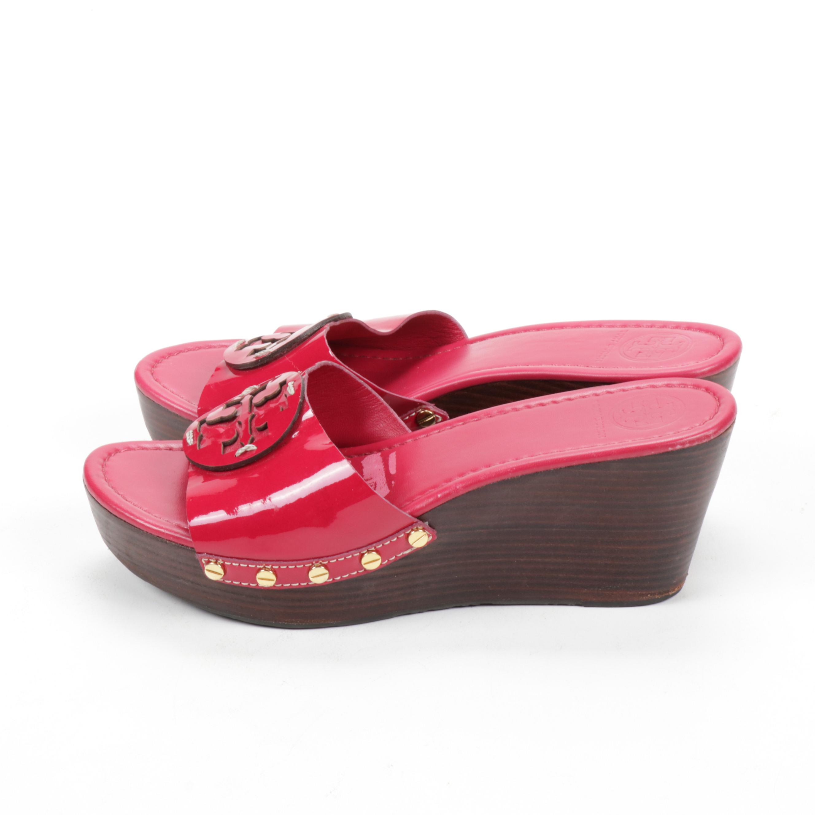 Tory Burch Magenta Patent Leather Wedge Sandals