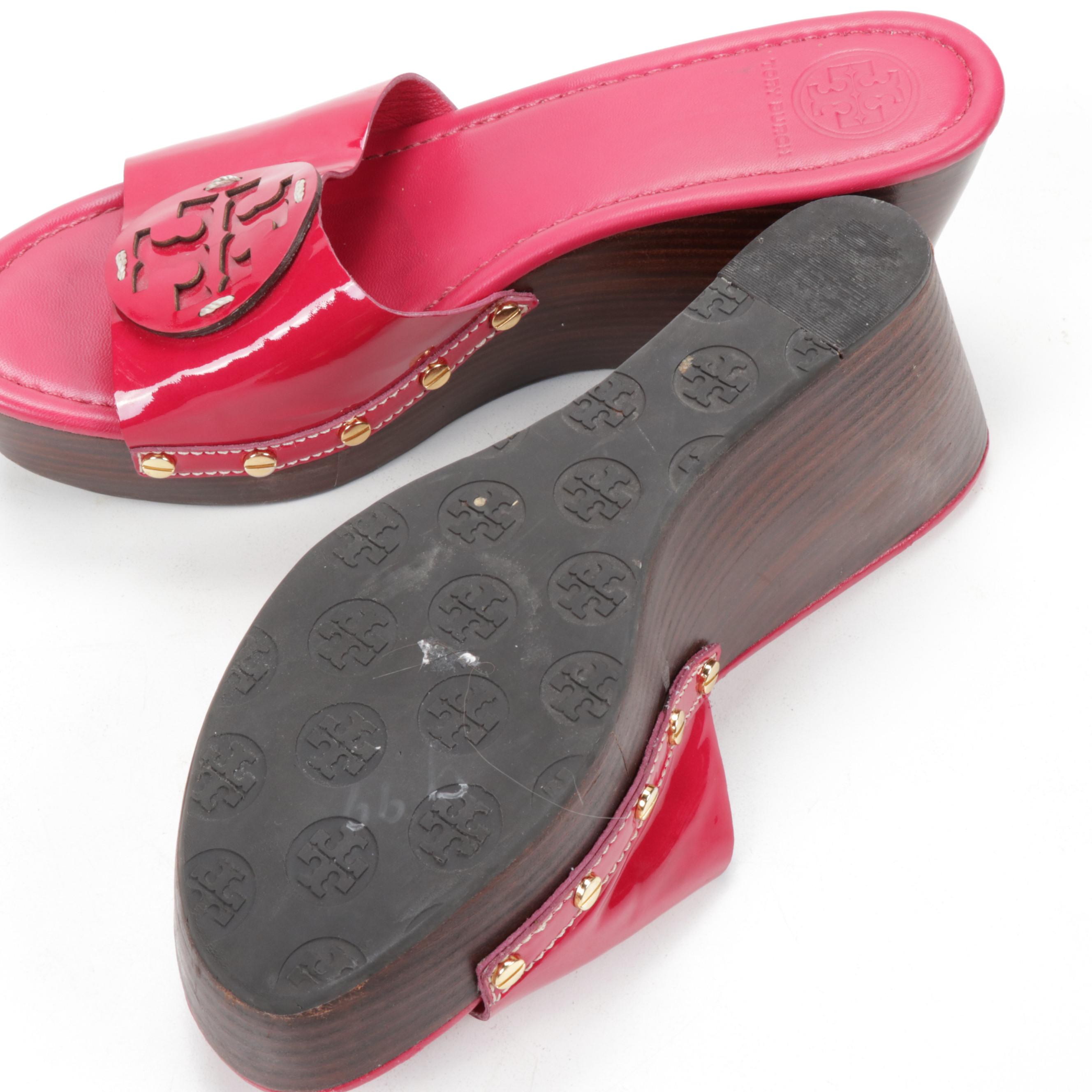Tory Burch Magenta Patent Leather Wedge Sandals