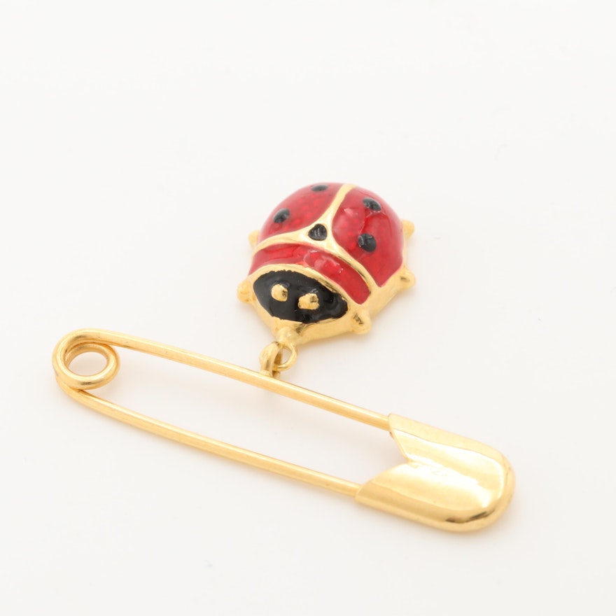 18K Yellow Gold Enamel Ladybug Safety Pin Brooch