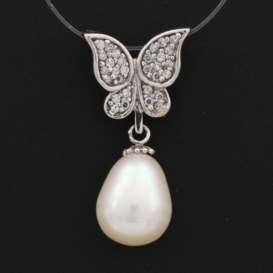 Sterling Silver Cubic Zirconia and Cultured Pearl Butterfly Sliding Pendant