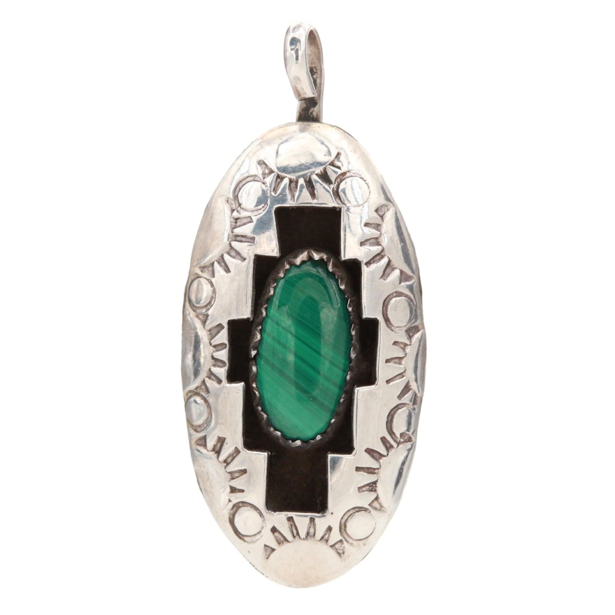 Sterling Silver Malachite Stamped Shadow Box Pendant