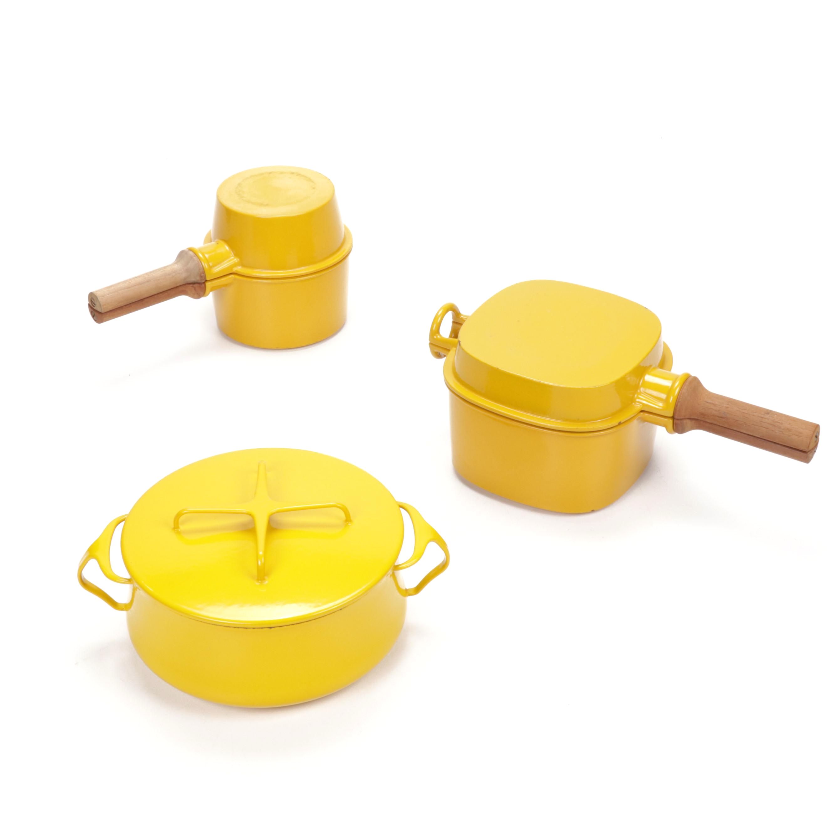 Dansk Yellow Enamel on Cast Iron and Steel Cookware, Mid-Century