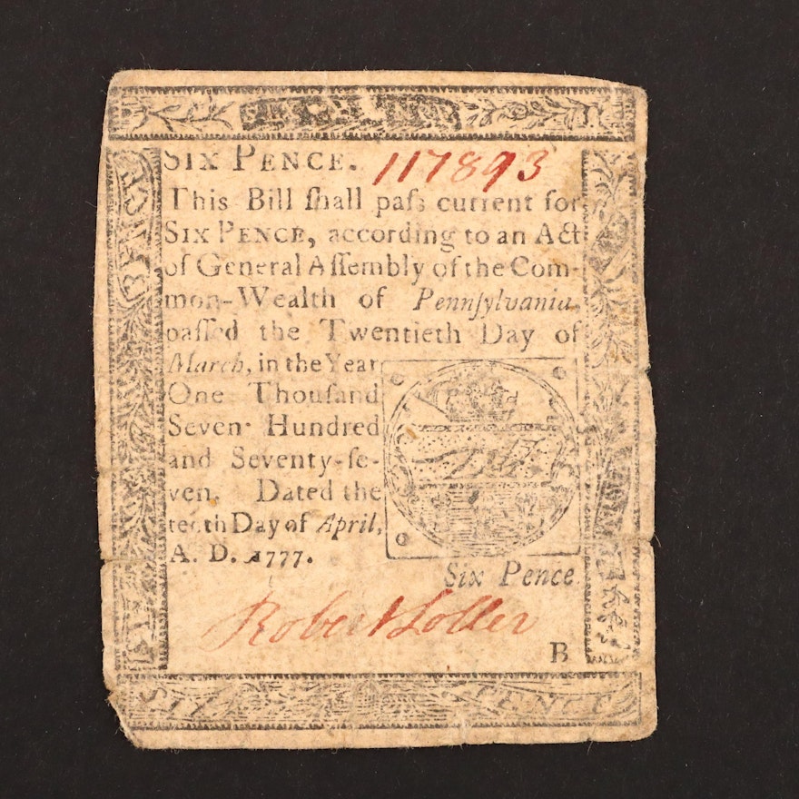 A Colonial America 6 Pence Continental Currency Banknote from 1777
