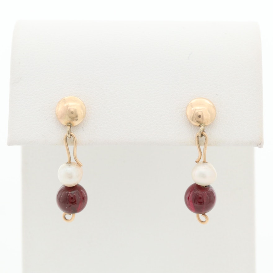 Vintage 14K Yellow Gold Garnet and Cultured Pearl Beaded Drop Earrings