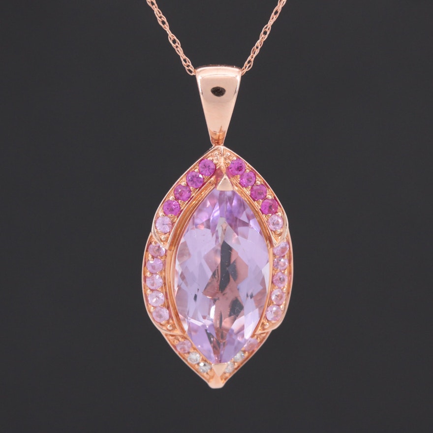 14K Rose Gold Amethyst, Pink Sapphire and Diamond Pendant Necklace