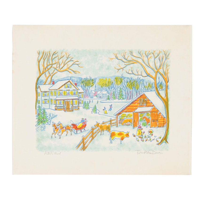 Frank Van Doren Color Lithograph of a Winter Farm