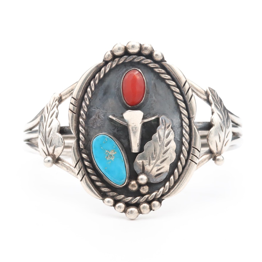 Southwestern Style Sterling Silver Coral and Turquoise Shadowbox Cuff Bracelet