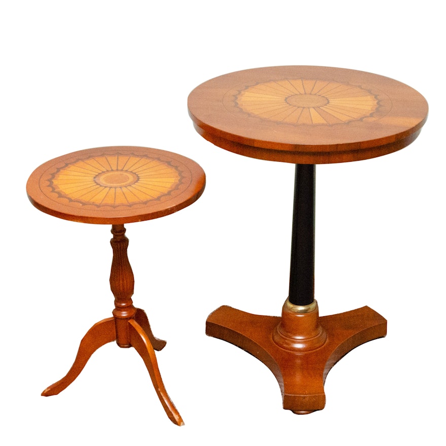 Pairing of Wood Marquetry Round Side Tables