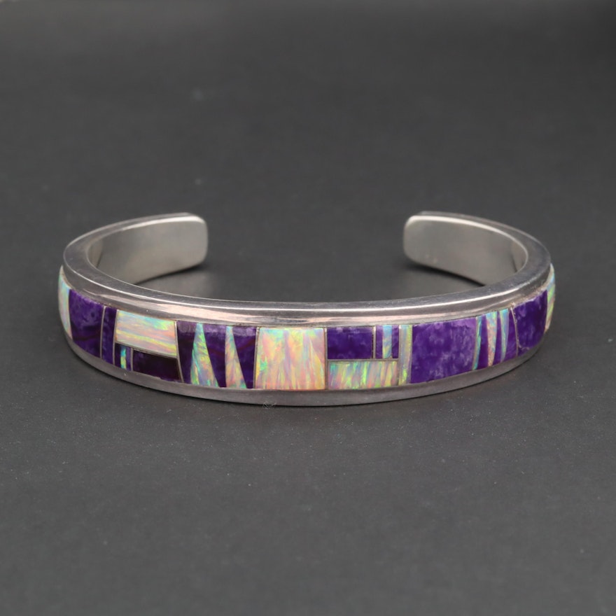 Southwestern Style Sterling Silver Synthetic Opal and Sugilite Cuff Bracelet