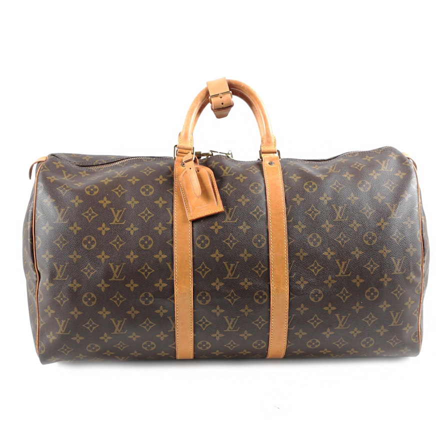 Louis Vuitton Paris Monogram Canvas and Leather Keepall 50 Duffle Bag with Key