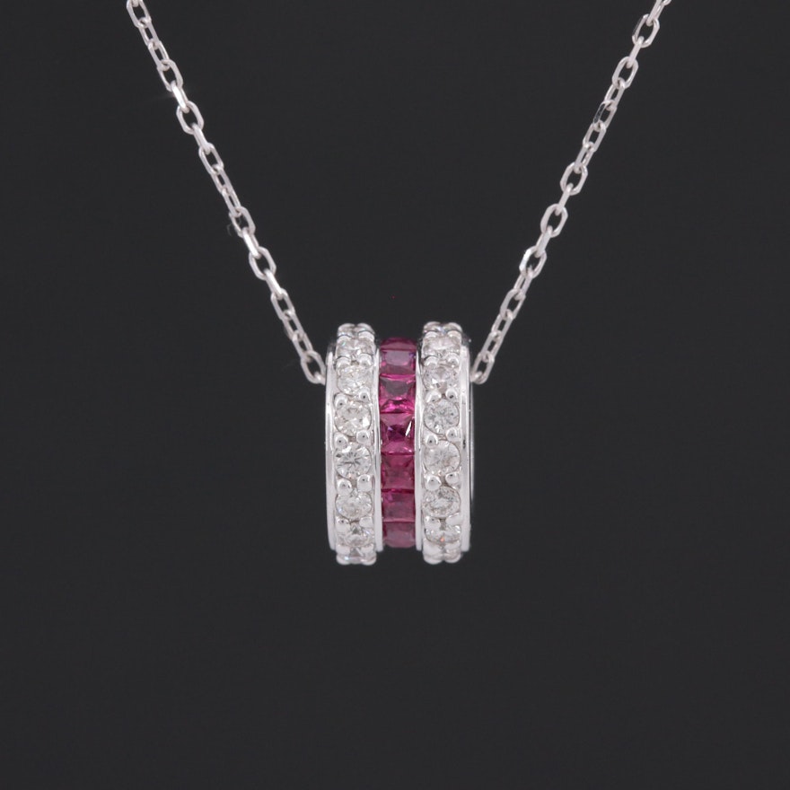 14K White Gold Ruby and Diamond Pendant Necklace