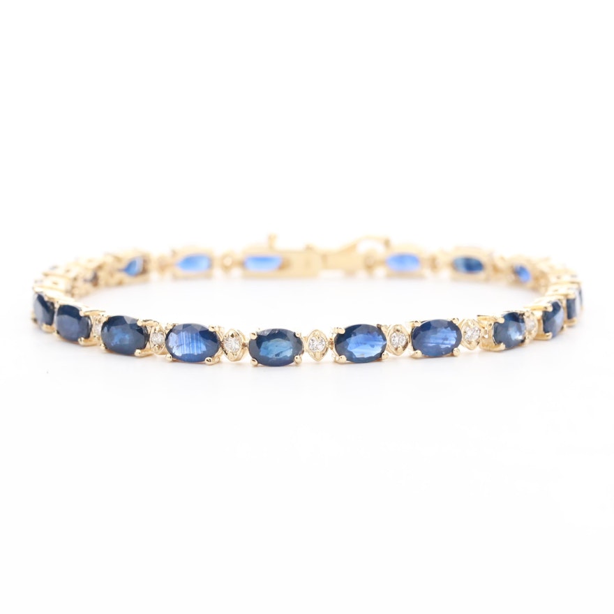 14K Yellow Gold Blue Sapphire and Diamond Bracelet