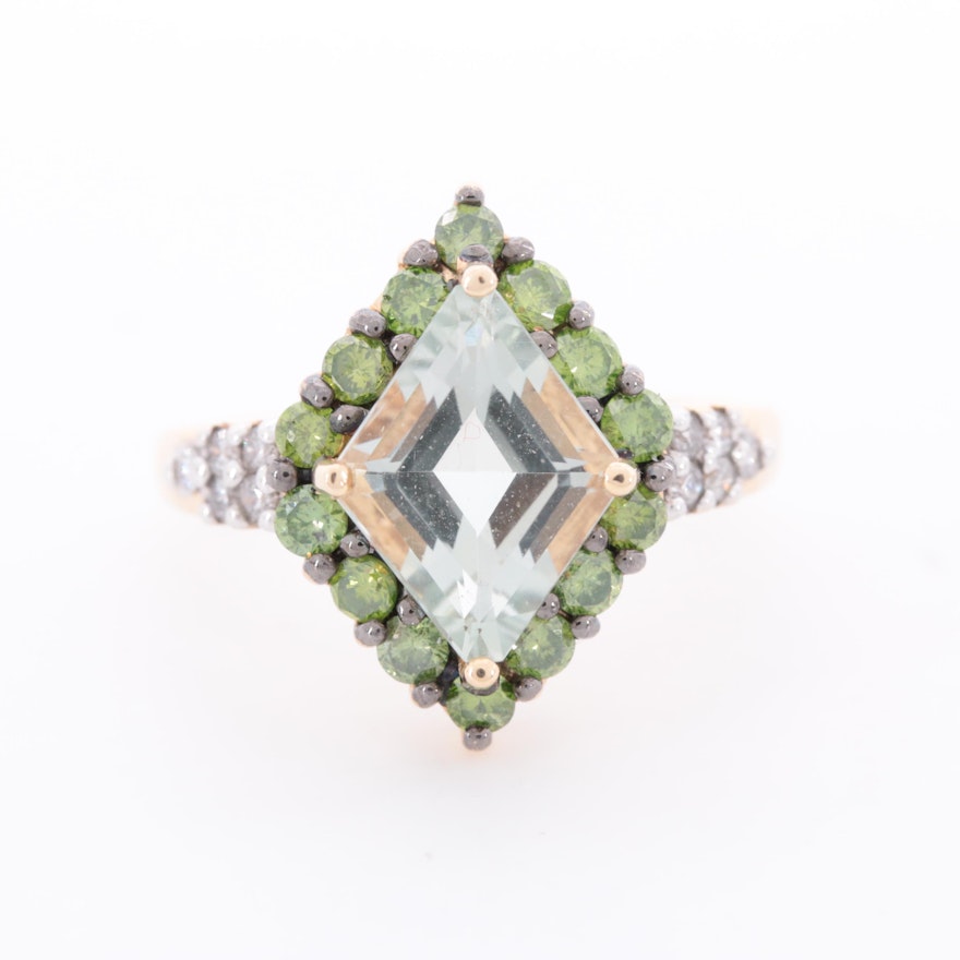 14K Yellow Gold Prasiolite and Diamond Ring