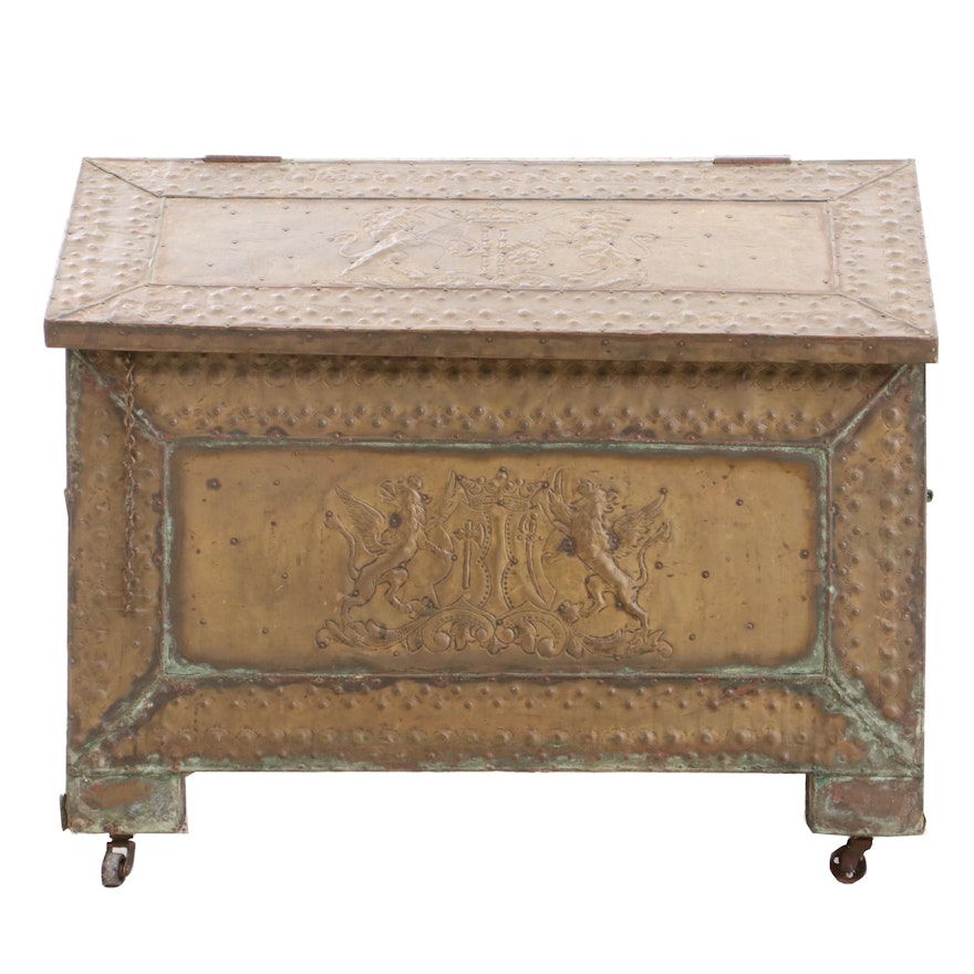 British Repousse Brass Hearth Box, Early 20th Century