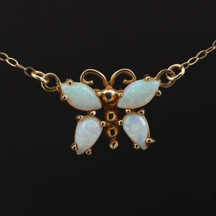 14K Yellow Gold Opal Butterfly Necklace