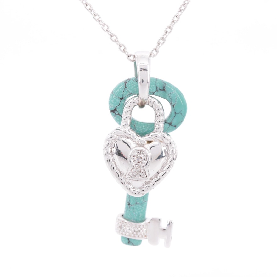 Sterling Silver Diamond and Turquoise Key Pendant Necklace