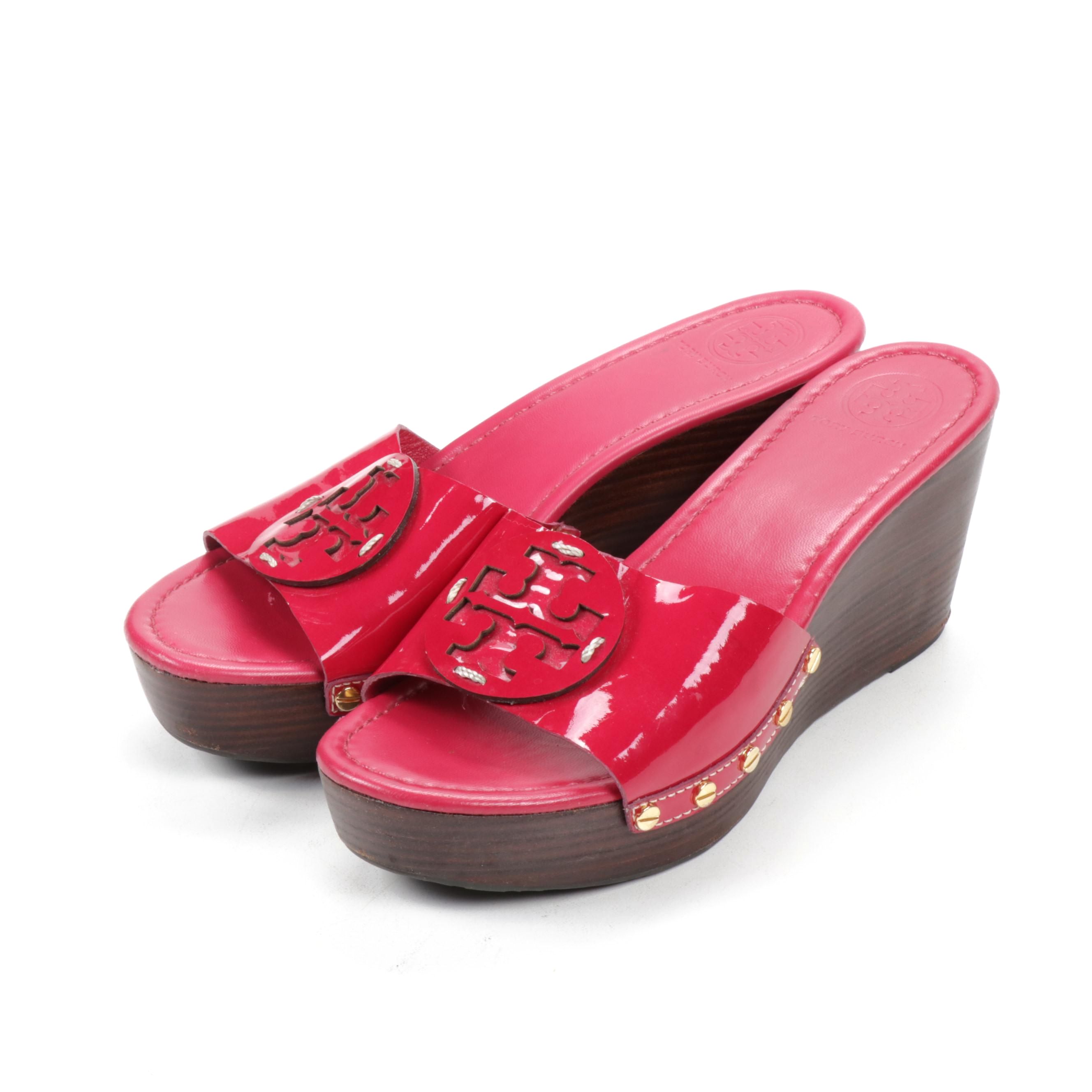 Tory Burch Magenta Patent Leather Wedge Sandals