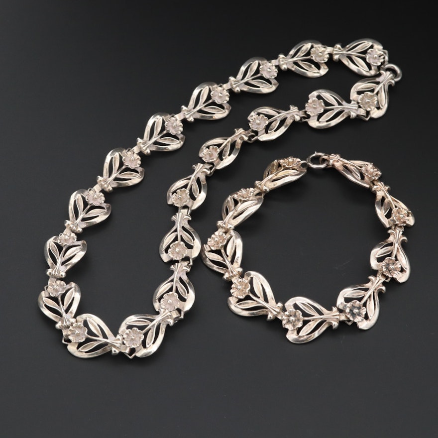 1960s Alice Caviness Sterling Silver Flower Necklace and Bracelet