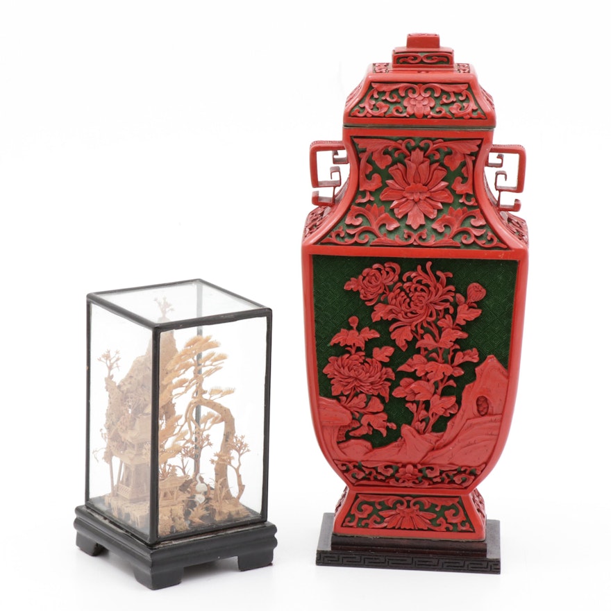 Chinese Cork Carving Display and Imitation Cinnabar Lidded Jar