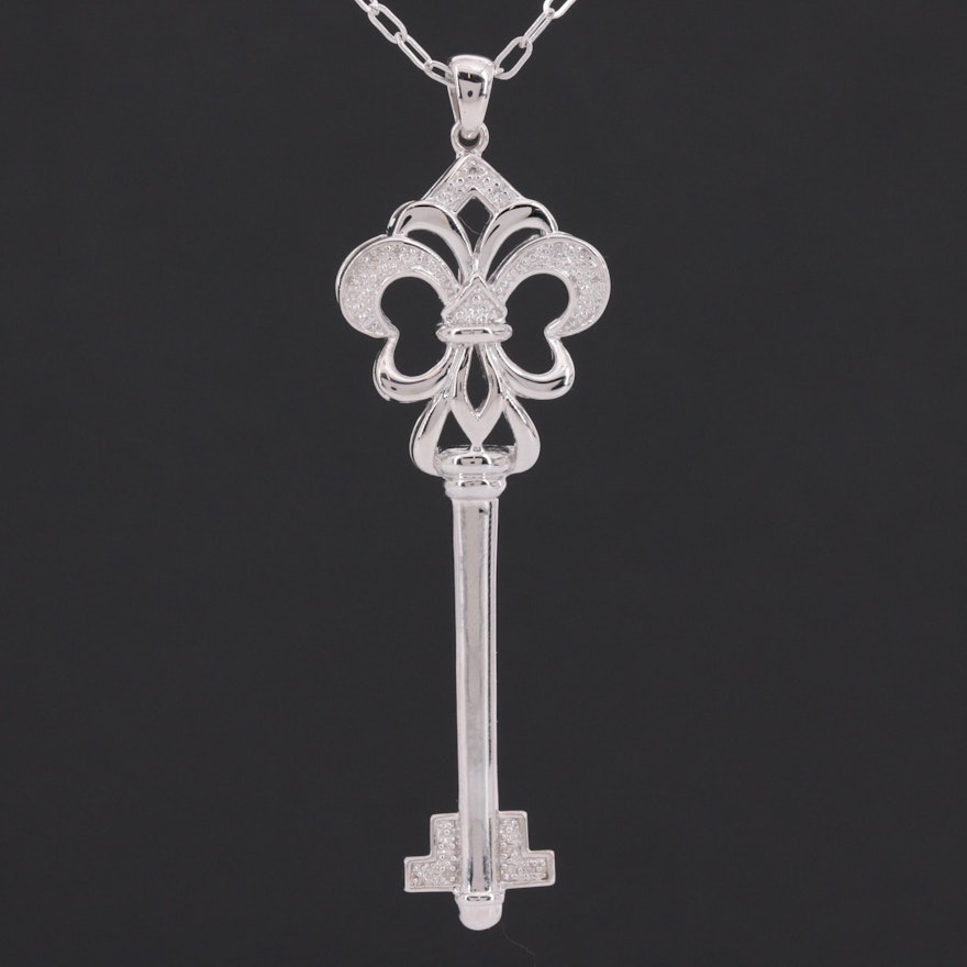 Sterling Silver Diamond Fleur-de-lis Key Pendant Necklace